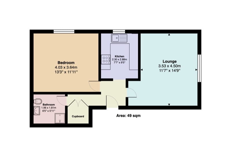 Property floor plan of a 1-bedroom London flat showing bedroom, lounge, kitchen and bathroom. 49 sqm