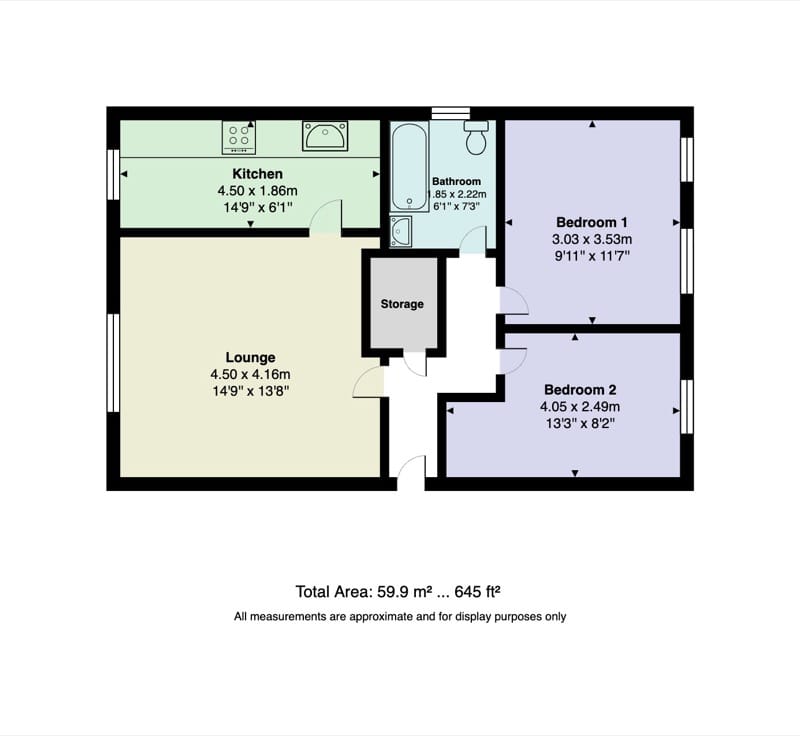 Property floor plan of a 2-bedroom flat showing lounge, kitchen, two bedrooms and bathroom. 60 sqm