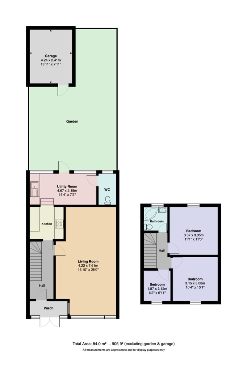 Property floor plan of a 3-bedroom house in London with extension, garage and garden. 84 sqm